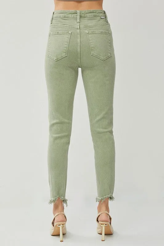 Risen High Rise Fray Hem Ankle Skinny Pants in Olive