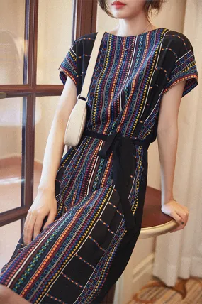 SCANDINAVIA-Cap Sleeve Color Stripe Belted Shift Dress