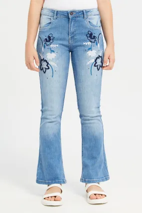 Senior Girls Blue Flared Hem Jeans With Embroidery