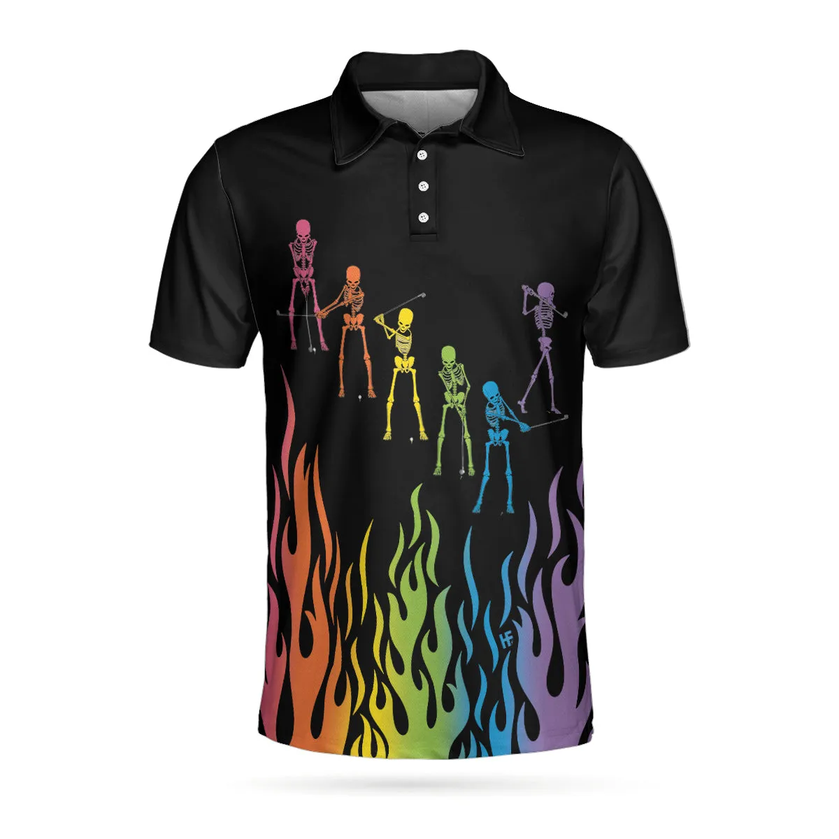 Skeleton Playing Golf Polo Shirt, Rainbow Pallette Fire Golfing Polo Shirt, Cool Golf Shirt For Men Coolspod