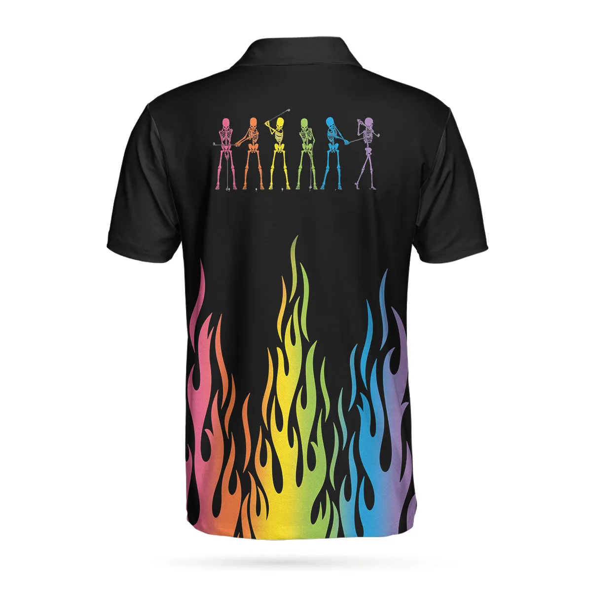 Skeleton Playing Golf Polo Shirt, Rainbow Pallette Fire Golfing Polo Shirt, Cool Golf Shirt For Men Coolspod