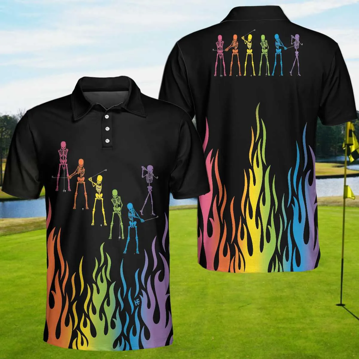 Skeleton Playing Golf Polo Shirt, Rainbow Pallette Fire Golfing Polo Shirt, Cool Golf Shirt For Men Coolspod