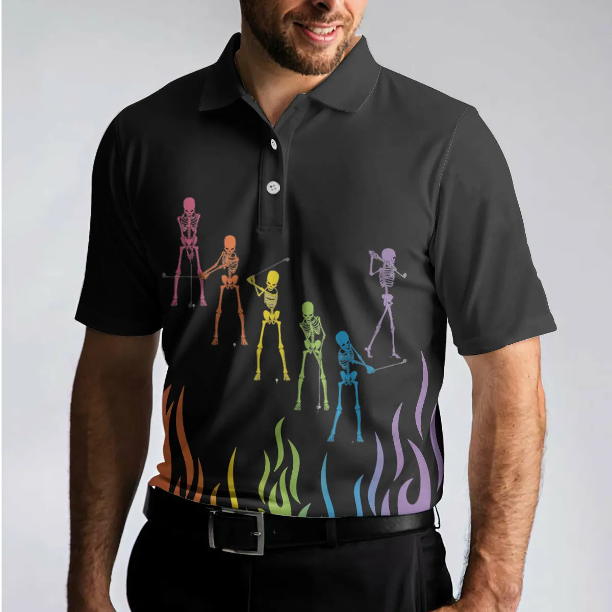 Skeleton Playing Golf Polo Shirt, Rainbow Pallette Fire Golfing Polo Shirt, Cool Golf Shirt For Men Coolspod