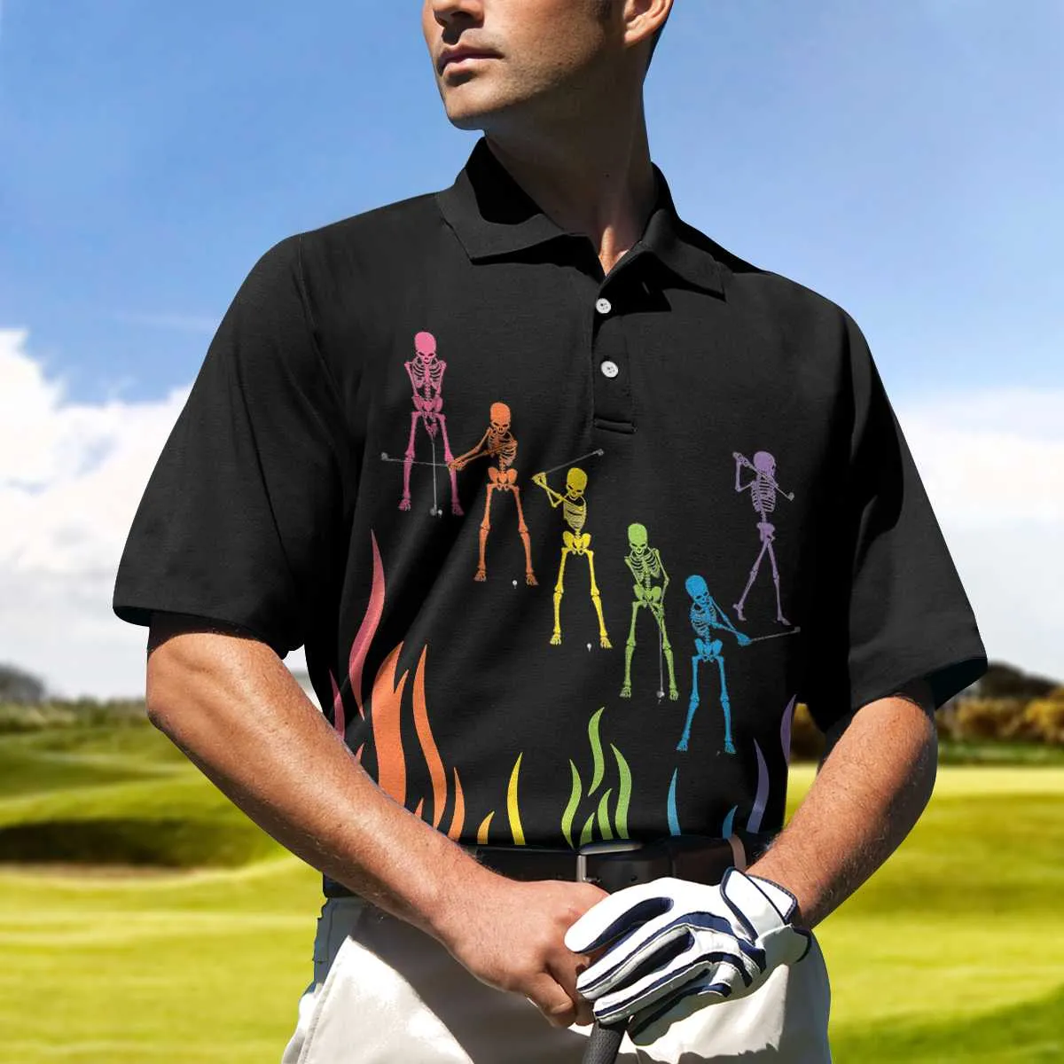 Skeleton Playing Golf Polo Shirt, Rainbow Pallette Fire Golfing Polo Shirt, Cool Golf Shirt For Men Coolspod