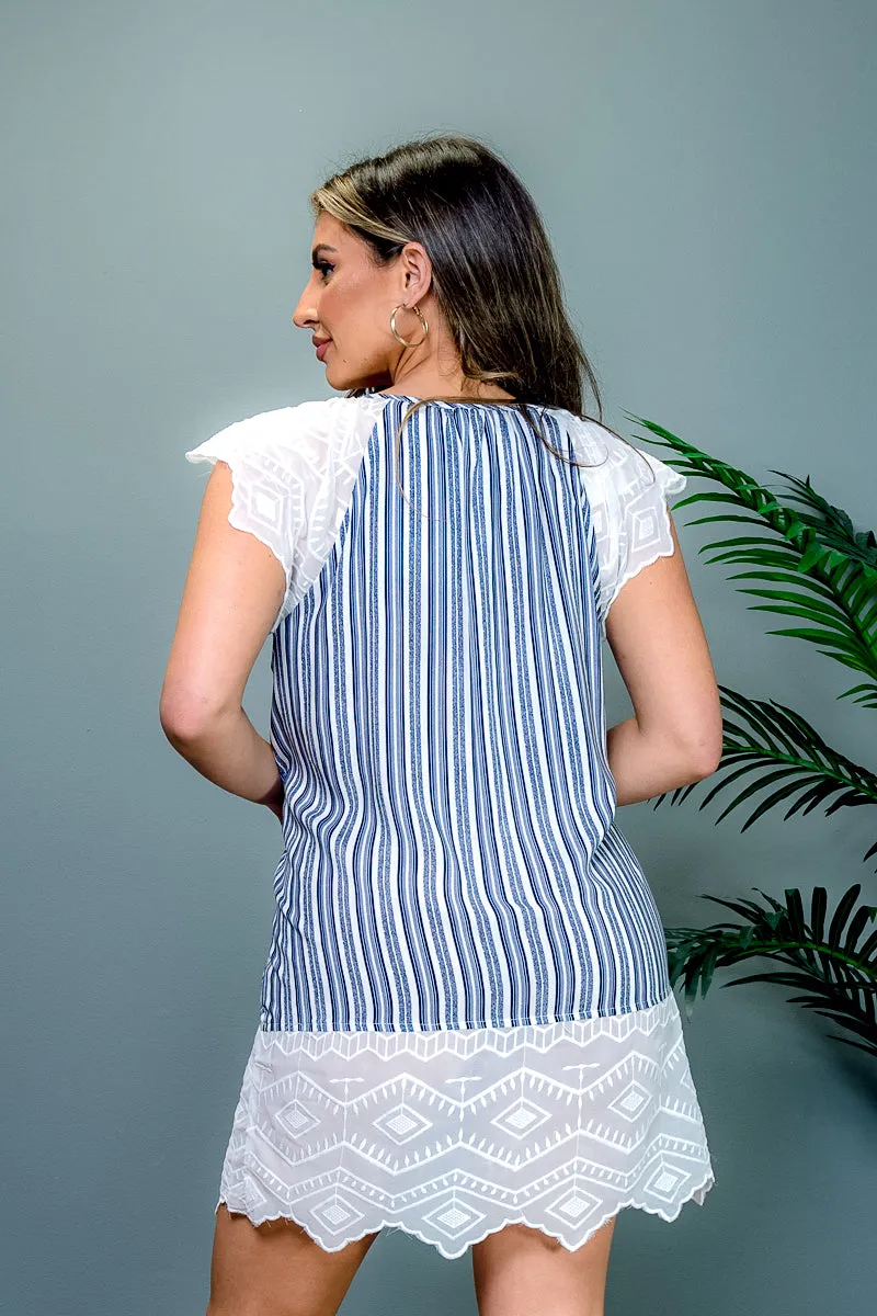 Stripe & Embroidered Lace Cap Sleeve A-Line Mini Dress with Keyhole Tie Front in Navy & White* (14691)
