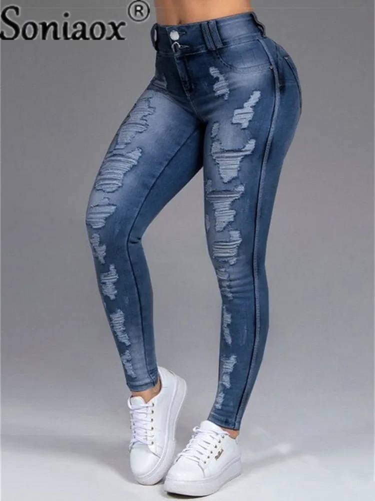 Women Pants High Stretch Jeans High Waist Skinny Ripped Vintage Hole Slim Large Full Length Distressed Trousers 2021