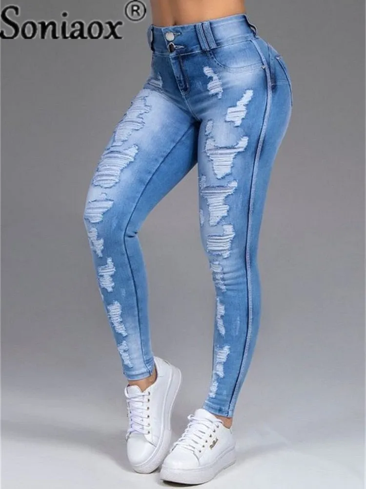 Women Pants High Stretch Jeans High Waist Skinny Ripped Vintage Hole Slim Large Full Length Distressed Trousers 2021