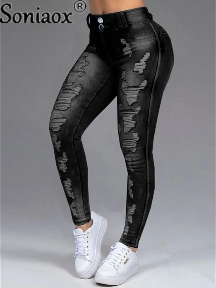 Women Pants High Stretch Jeans High Waist Skinny Ripped Vintage Hole Slim Large Full Length Distressed Trousers 2021