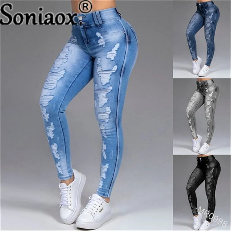 Women Pants High Stretch Jeans High Waist Skinny Ripped Vintage Hole Slim Large Full Length Distressed Trousers 2021
