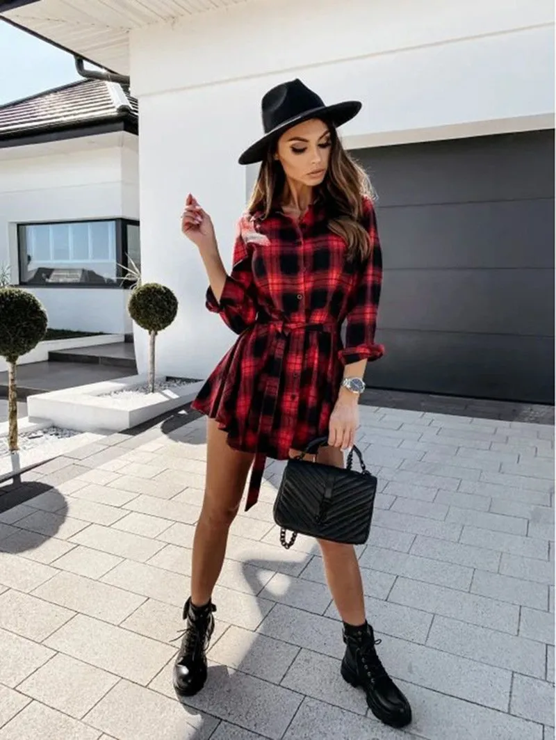 Women Plaid Design Fall Long Sleeves Shirt Dresses