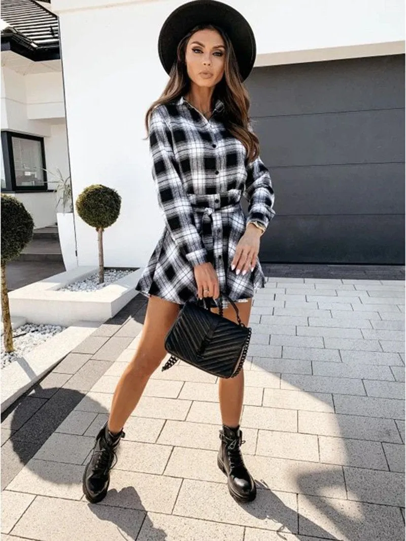 Women Plaid Design Fall Long Sleeves Shirt Dresses